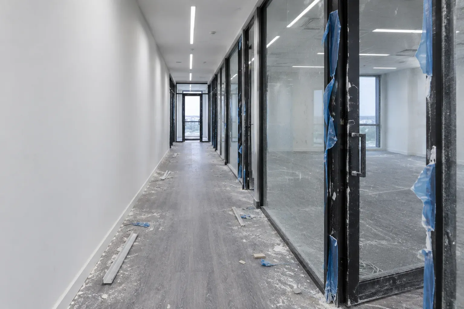 Office corridor mid builders clean: construction dust across the glazing, protective film peeling from the door frames, plaster debris on the floor