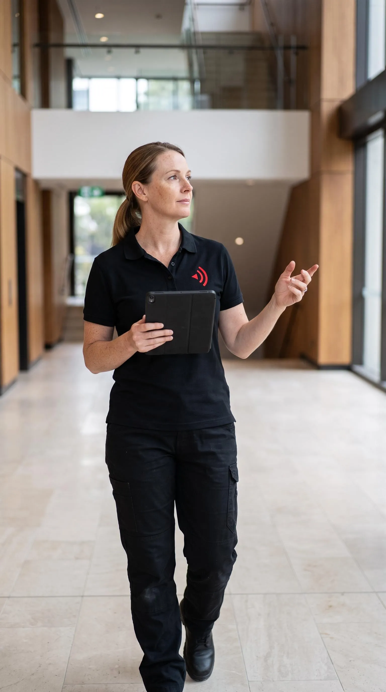 Site supervisor with a tablet walking through a building lobby, assessing the space