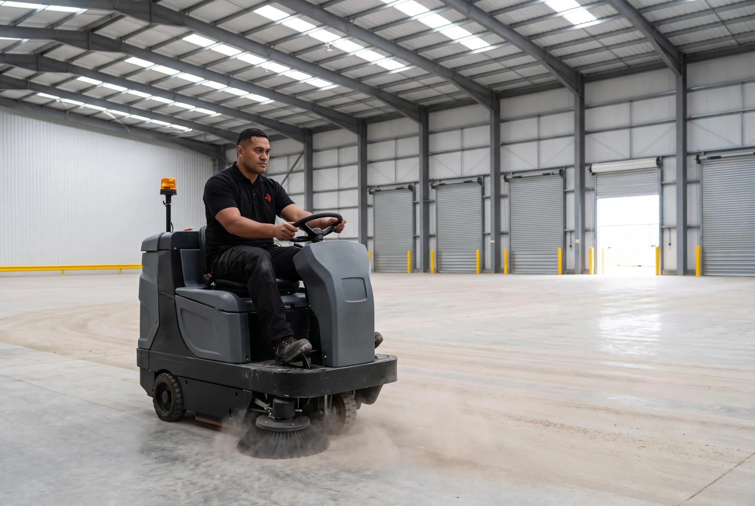 Operator driving a ride-on sweeper down a warehouse aisle between pallet racking