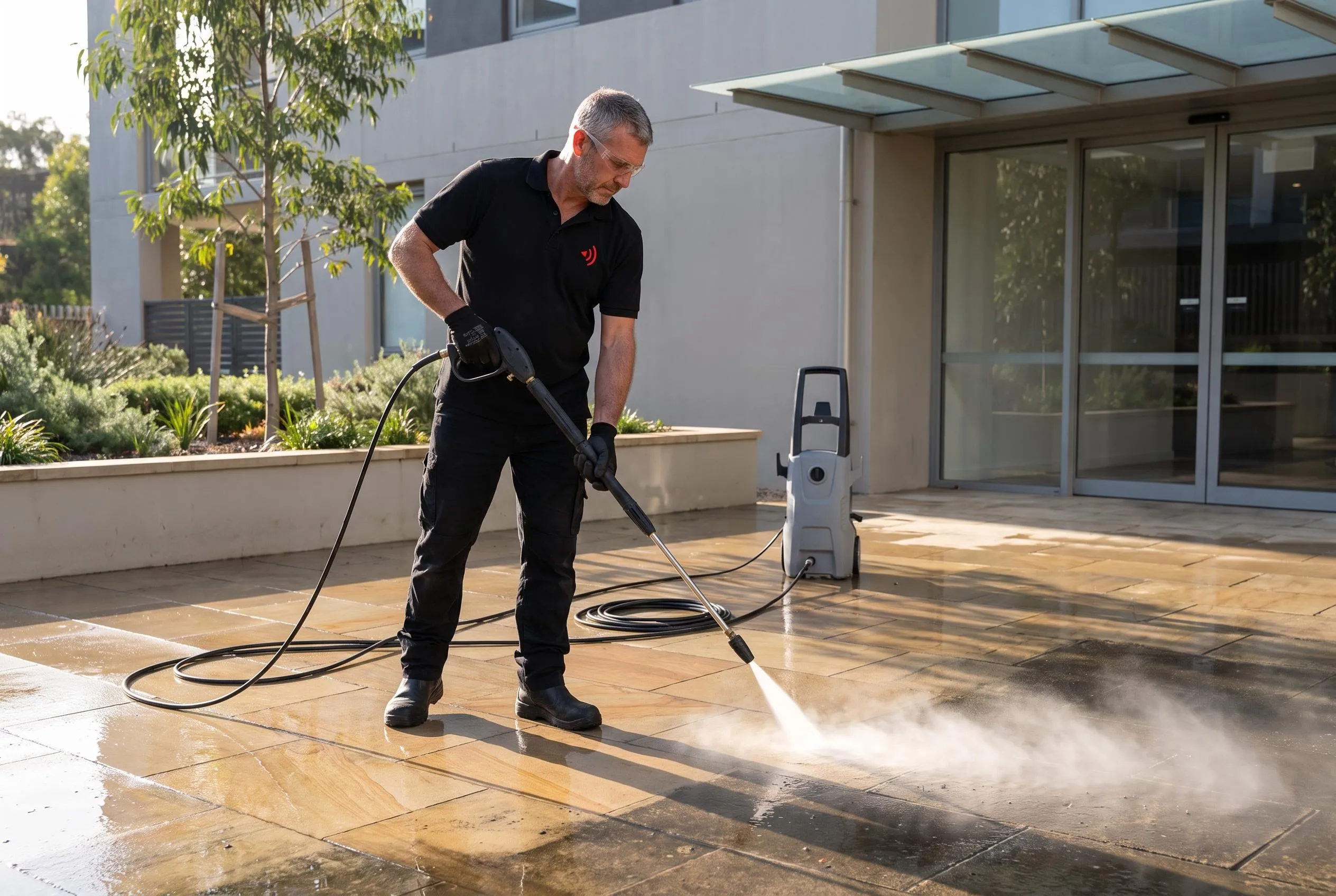 Maintenance worker pressure-washing the sandstone forecourt of a building entrance