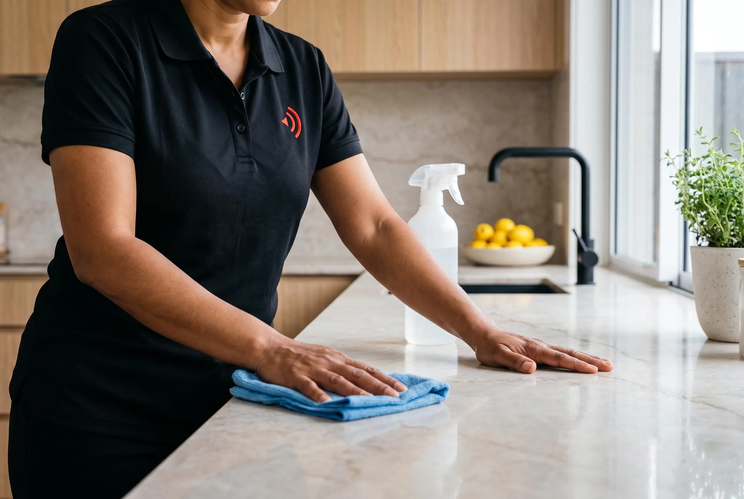 Cleaner wiping down a stone benchtop in a home kitchen