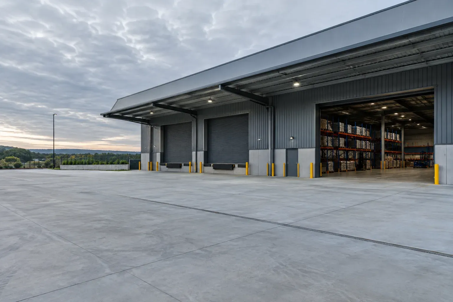 Commercial loading dock and warehouse hardstand at dawn