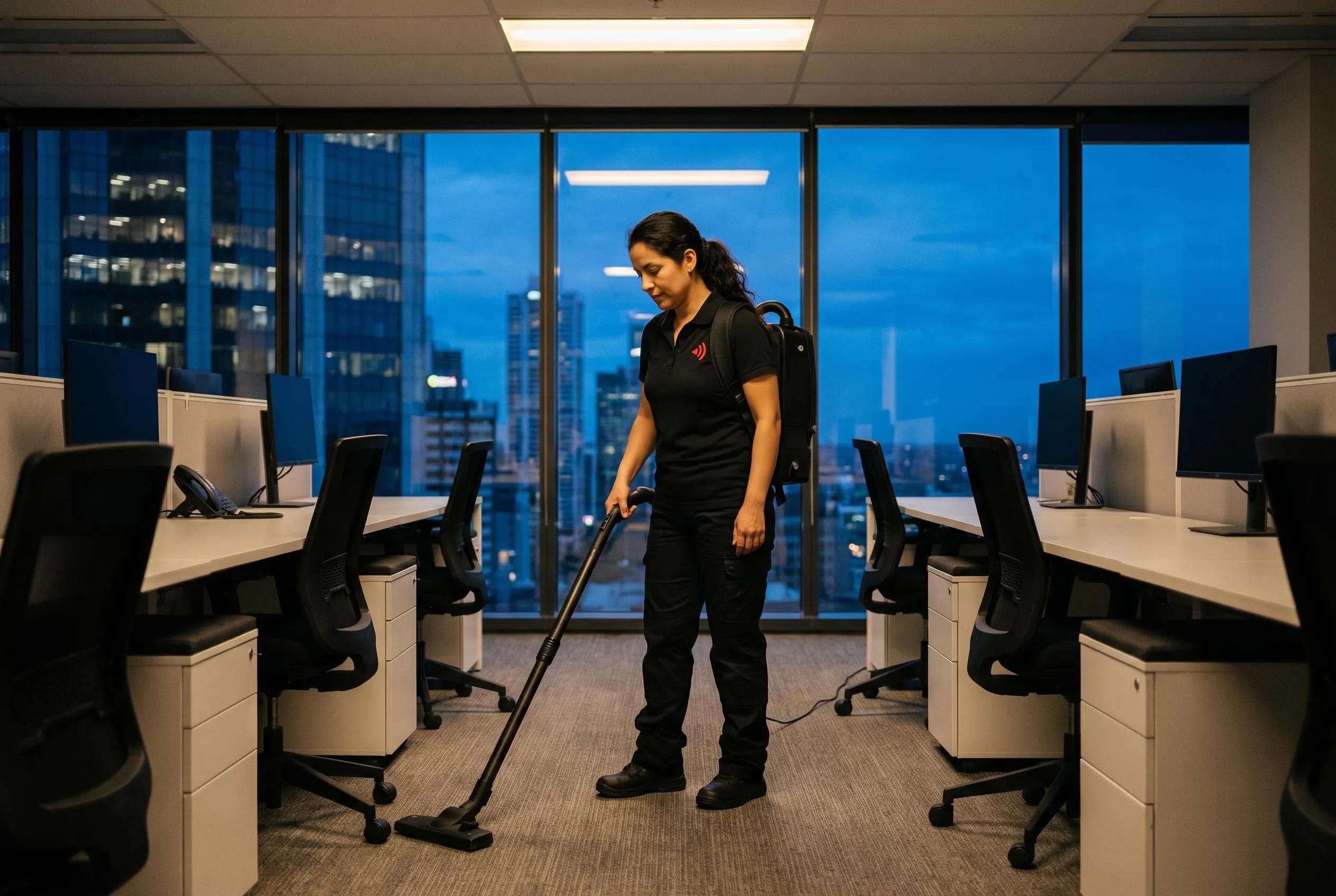 Cleaner vacuuming an empty open-plan office at night, the city lit up outside