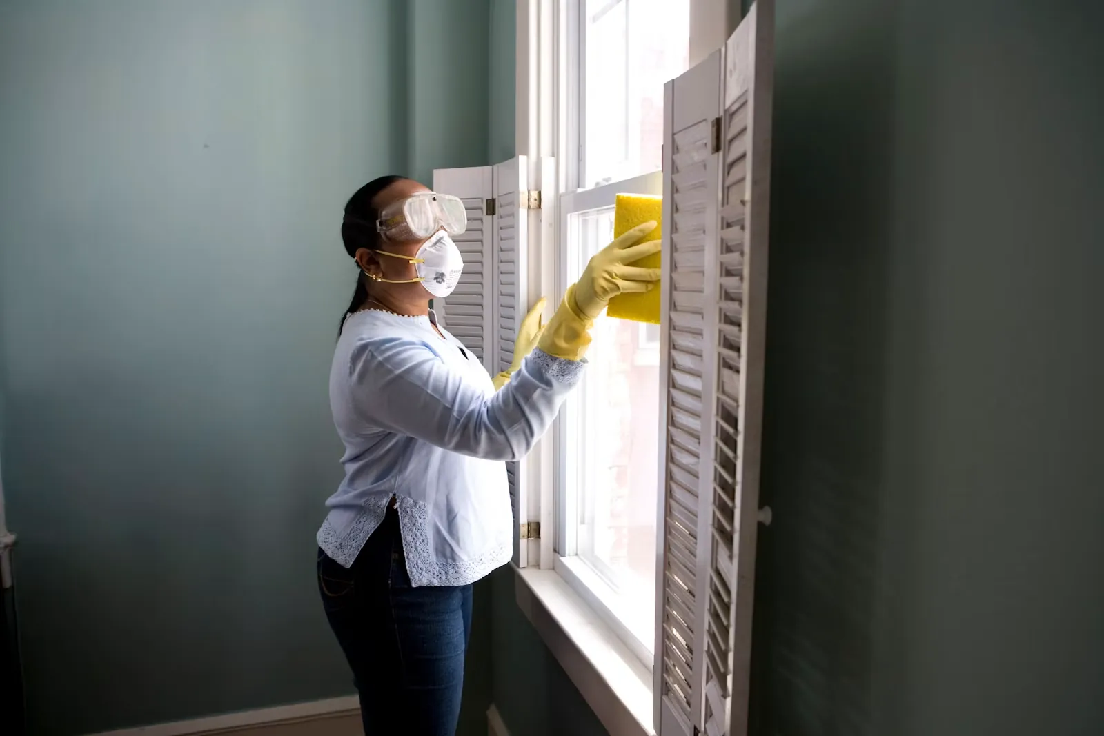 Cleaner in protective equipment washing a window on a commercial site
