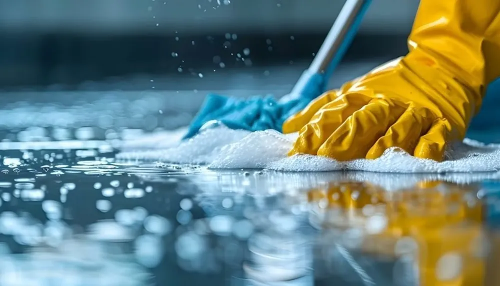 Gloved hands scrubbing detergent across a wet commercial floor