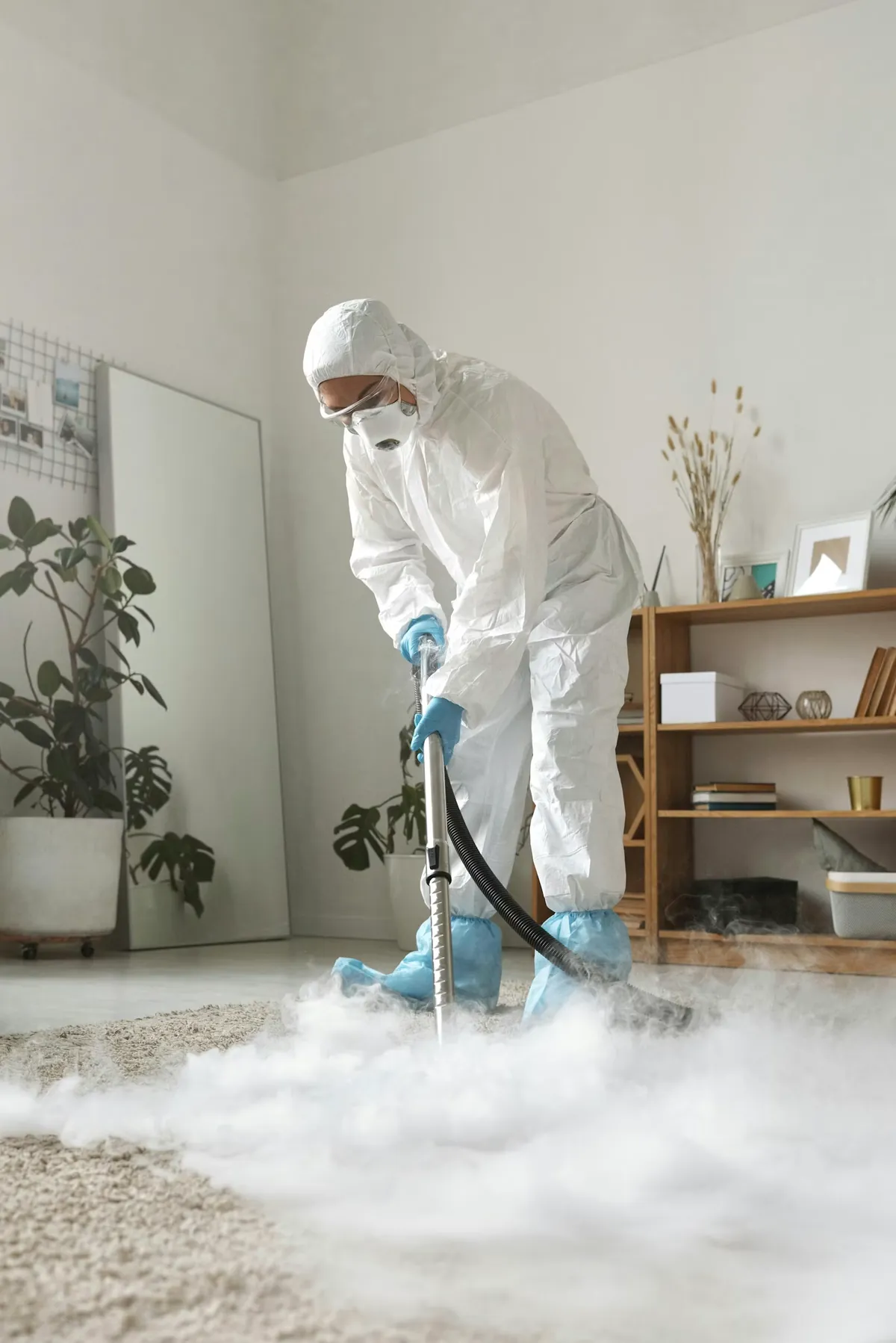 Cleaner in protective coveralls vacuuming a furnished occupied space